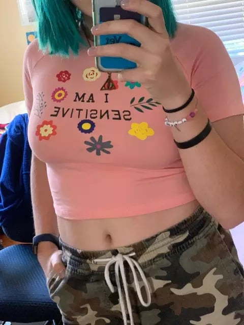 Cute Sensitive Pink Flower Embroidery Sexy Crop Top Short Sleeve Shirt Tee T-shirt Summer Casual E-Girl Kawaii Korean Japanese Harajuku Streetwear