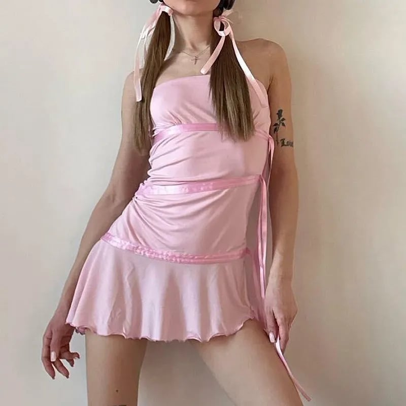 Pink Ribbon Ruffle Strapless Dress