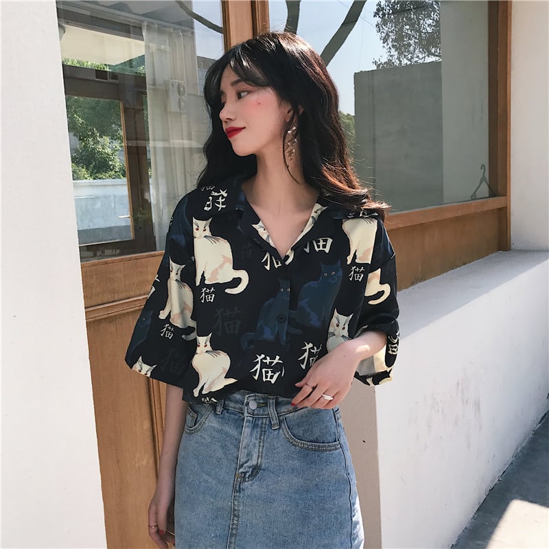 Chinese Letter Cat Animal Print Casual Loose Button Down Collar Short Sleeve Tee Shirt T-shirt Top E-Girl Kawaii Korean Japanese Harajuku Streetwear
