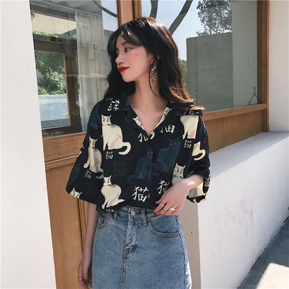 Chinese Letter Cat Animal Print Casual Loose Button Down Collar Short Sleeve Tee Shirt T-shirt Top E-Girl Kawaii Korean Japanese Harajuku Streetwear