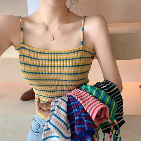 Cute Stripe Knit Cropped Tank Top Spaghetti Strap Camisole Sleeveless Shirt T-shirt Top E-Girl Kawaii Korean Japanese Harajuku Streetwear