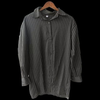 Cute Black Vertical Stripe Buckle Off Shoulder Long Sleeve Shirt Blouse Aesthetic Casual E-Girl Kawaii Korean Japanese Harajuku