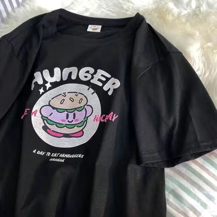 Burger Japanese Anime Print Loose Short Sleeve T-shirt