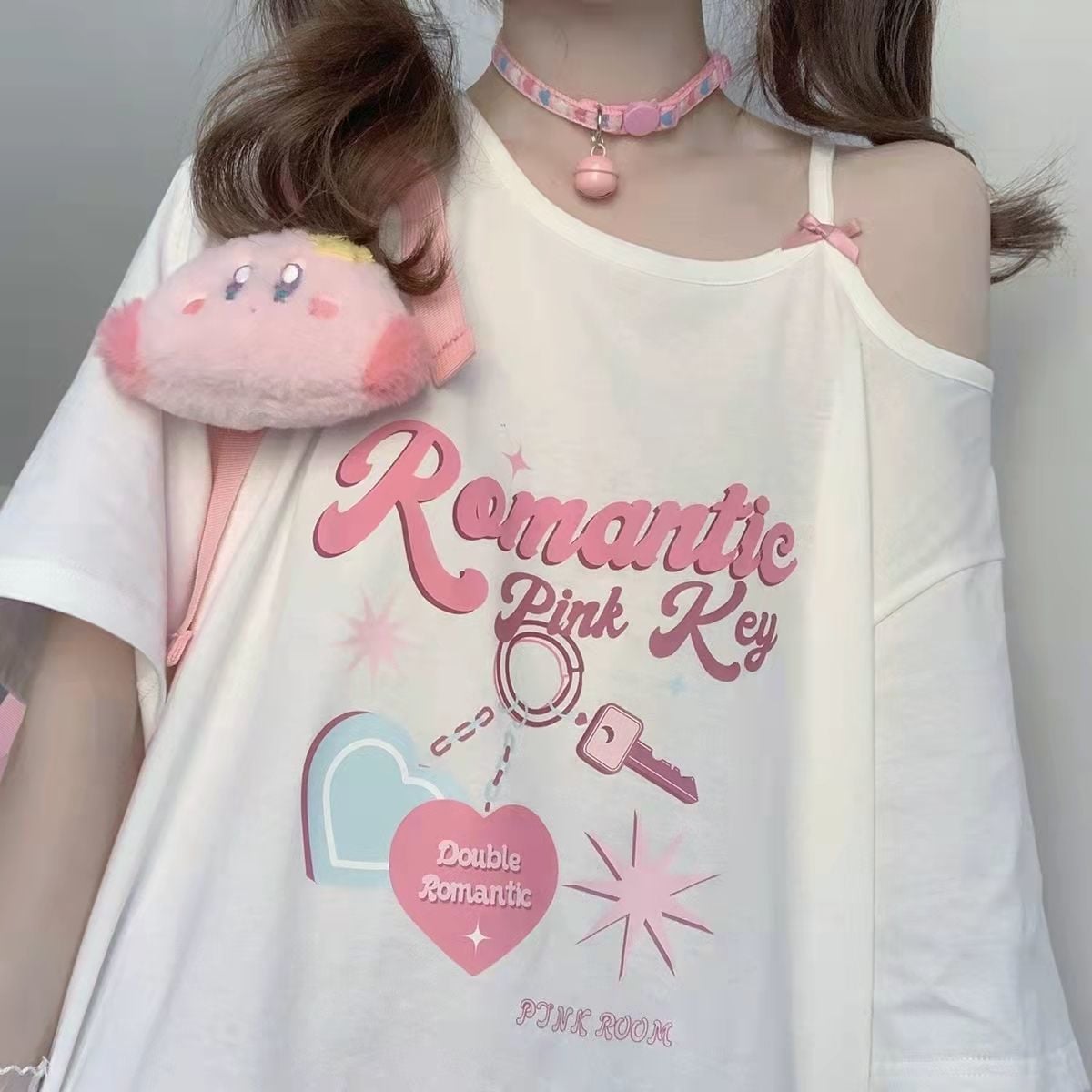 Sweet Pink Print Off Shoulder Short Sleeve T-shirt