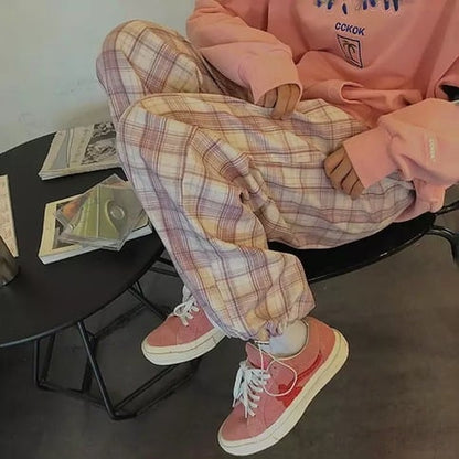 Cute Pastel Pink Checkered Plaid Pants Autumn Punk High Waisted Causal Loose Trouser Hip Hop Bottoms E-Girl Kawaii Korean Japanese Harajuku Streetwear