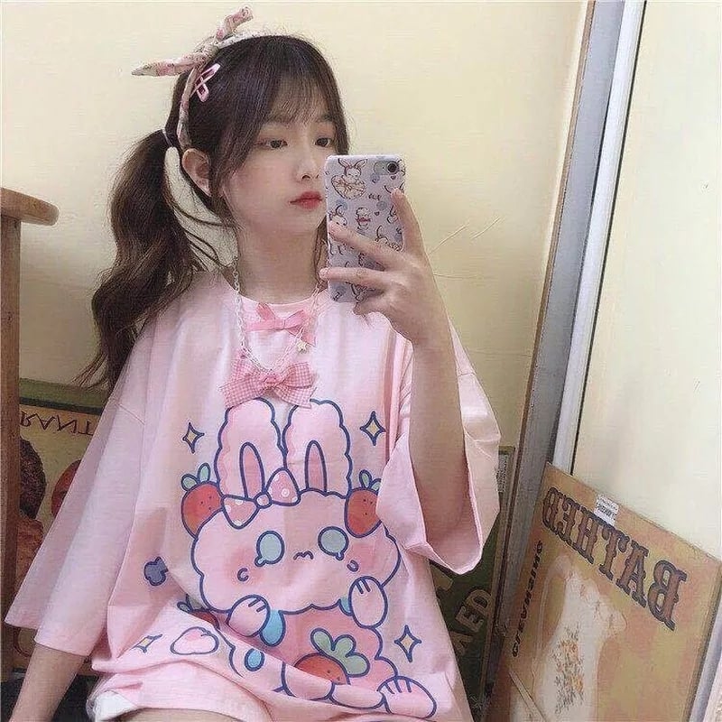Cute Pastel Pink Sweet Rabbit Crying Strawberry Print Oversized Short Sleeve Shirt Aesthetic Casual E-Girl Kawaii Korean Japanese Harajuku