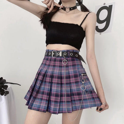 Cute Vintage Plaid Belt Chain High Waisted Mini Skirt School Uniform Tennis A-line Goth Punk Club E-Girl Kawaii Korean Japanese Harajuku Streetwear