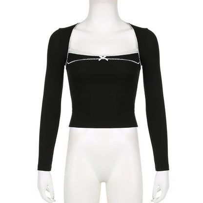 Black Bow Square Collar Long Sleeve Shirt
