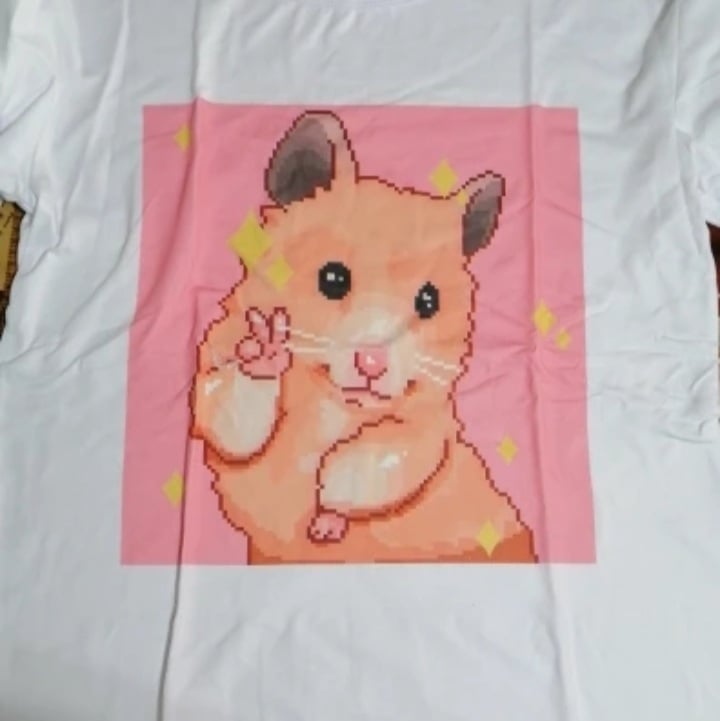 Cute Pastel Pink Happy Hamster Posing Star Print Oversized Short Sleeve Shirt Aesthetic Casual E-Girl Kawaii Korean Japanese Harajuku