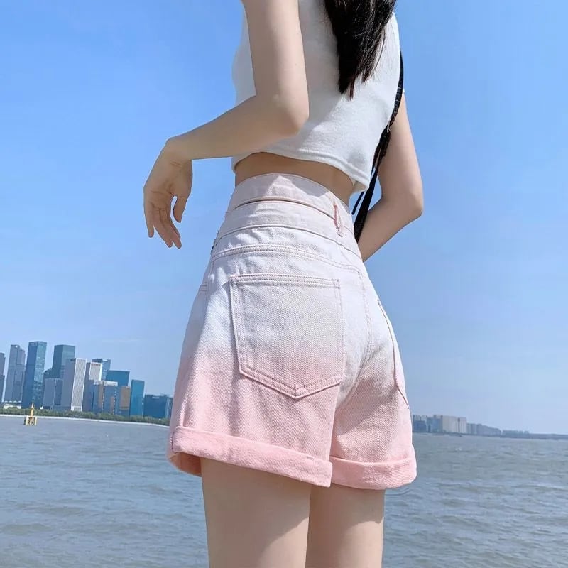 Pink Ombre High Waist Button Shorts