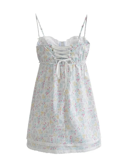 Floral Print Lace Trim Sling Dress