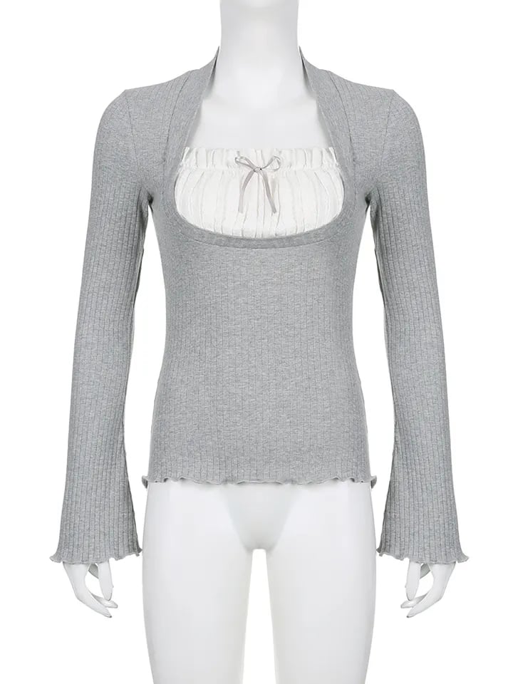 2PCS Milkmaid Patchwork Long Sleeve T-shirt