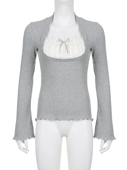 2PCS Milkmaid Patchwork Long Sleeve T-shirt