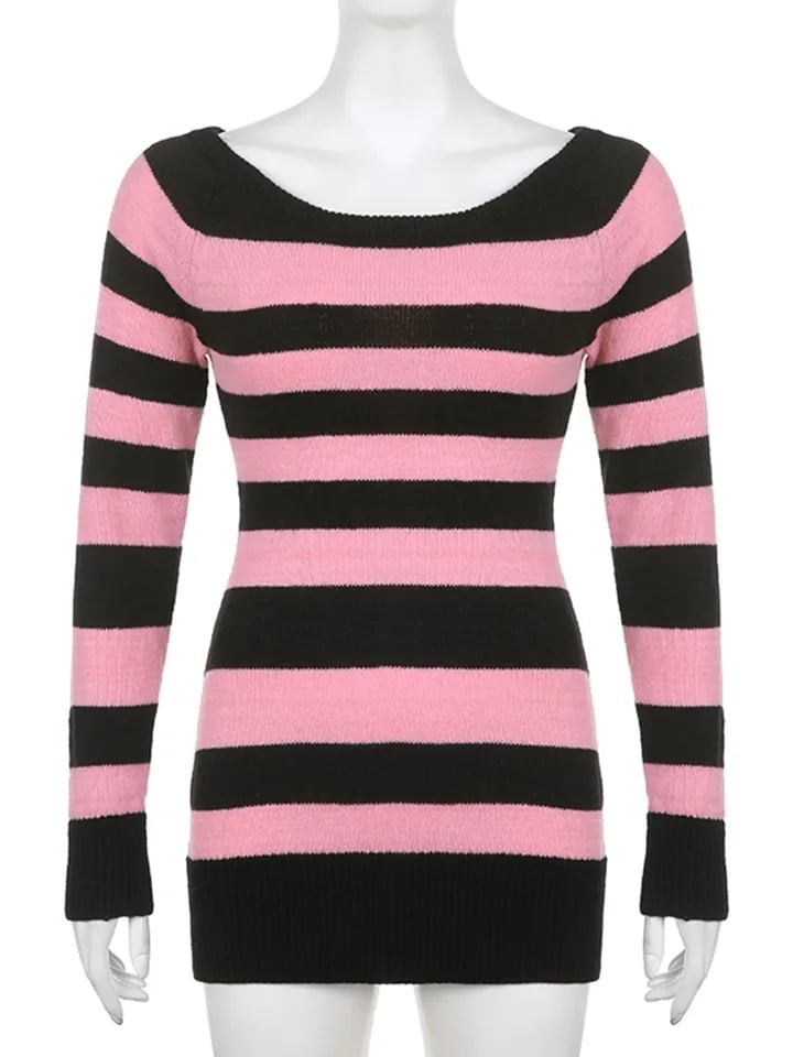 Pink & Black Stripe Off Shoulder Knit Dress