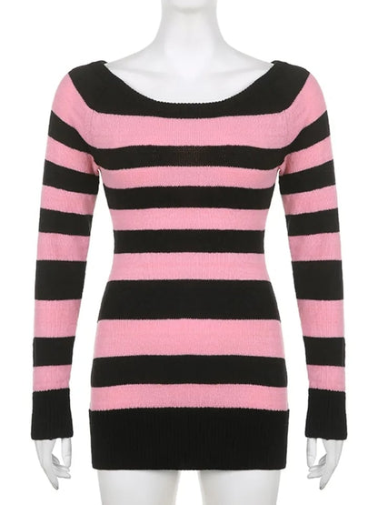 Pink & Black Stripe Off Shoulder Knit Dress