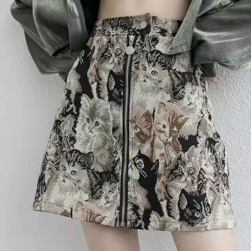 Vintage Cat Print Mini Skirt