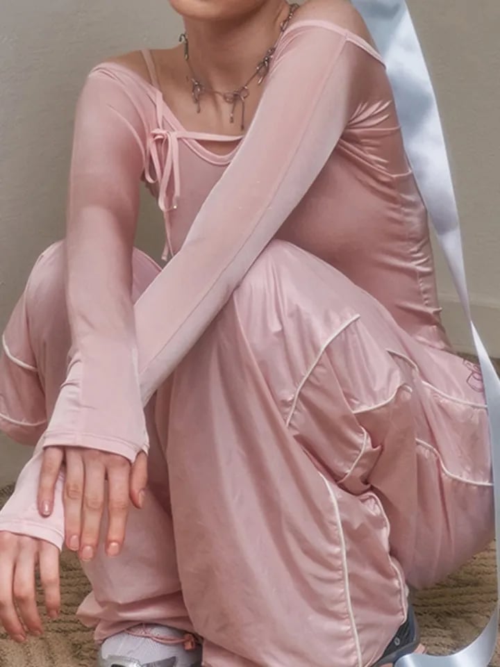 Pink Bow Off Shoulder Long Sleeve Top