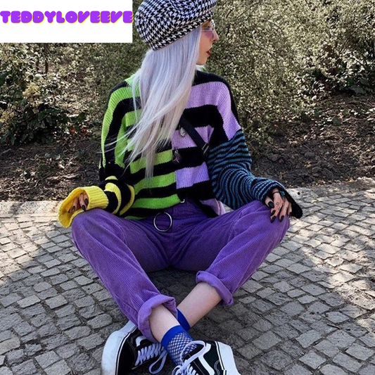 Vintage Stripe Rainbow Color Block Knit Sweater Sweatshirt Long Sleeve Pullover Jumper Goth Casual E-Girl Kawaii Korean Japanese Harajuku Streetwear