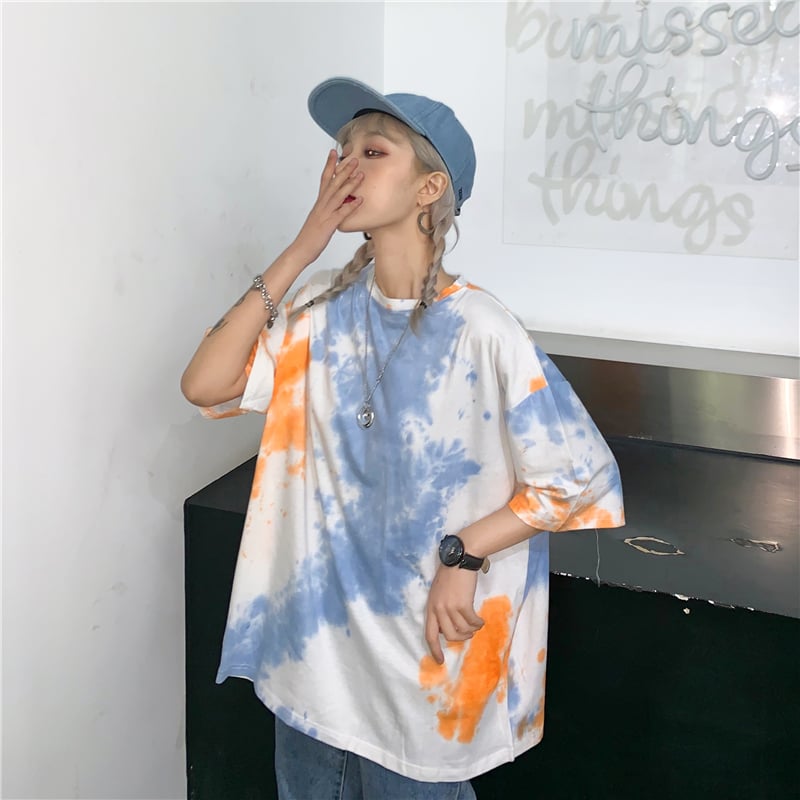 Cute Tie Dyed Hip Hop Casual Punk Goth Loose Oversized Short Sleeve Shirt Tee T-shirt E-Girl Kawaii Korean Japanese Harajuku Chinese Retro Streetwear