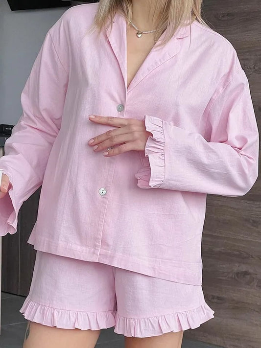 2PCS Pink Ruffle Long Sleeve Shirt + Shorts Pajama Set