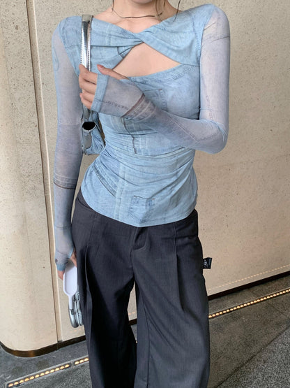Blue Dye Mesh Long Sleeve Shirt