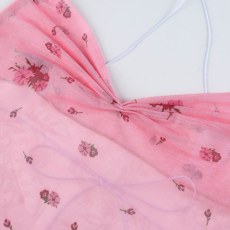 Cute Pink Blue Flower Print Mesh Halter Crop Top Blouse Sleeveless Shirt Club Party Summer Casual E-Girl Kawaii Korean Japanese Harajuku Streetwear