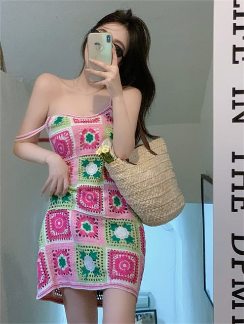 Pink Crochet Square Mini Dress