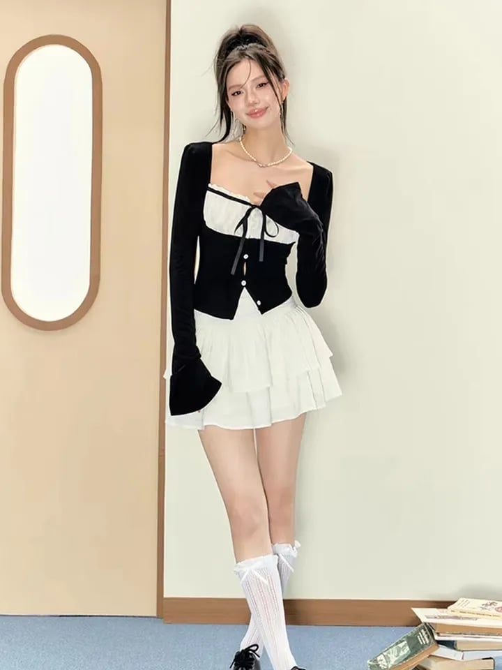 2PCS Long Sleeve Square Collar Top + Mini Tierred Ruffle Skirt