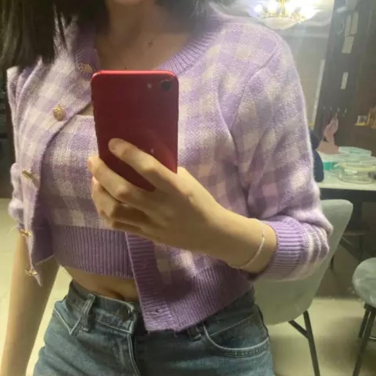 Purple Plaid 3pcs Set Long Sleeve Cardigan + Crop Top + Mini Skirt Summer Aesthetic Casual E-Girl Kawaii Korean Japanese Harajuku
