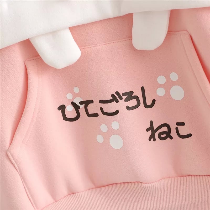 Cute Cat Kitten Ear Cartoon Print Funny Hoodie Long Sleeve Pullover Sweatshirt Aesthetic Casual E-Girl Kawaii Korean Japanese Harajuku