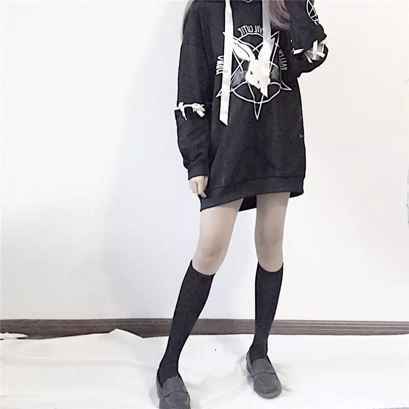 Cute Rabbit Evil Pentagon Lace Up Long Sleeve Hoodie Oversize Sweater Sweatshirt Pullover Jumper E-Girl Kawaii Korean Japanese Harajuku Streetwear
