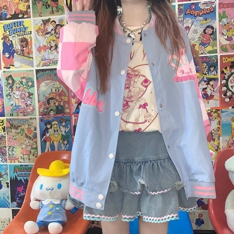 Blue & Pink Rabbit Patchwork Varsity Jacket