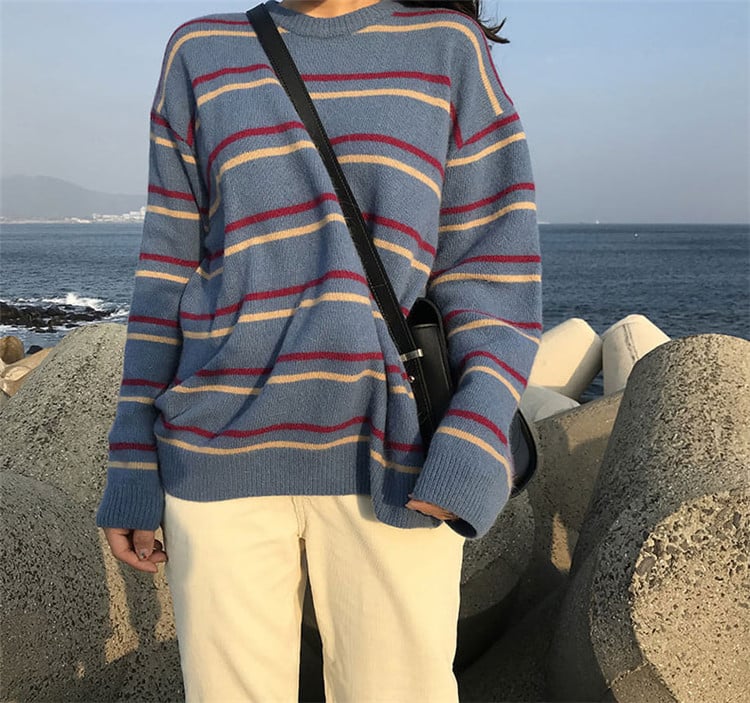 Soft Stripe Autumn O Neck Chic Loose Oversized Casual Knit Sweater Sweatshirt Pullover Jumper Shirt E-Girl Kawaii Korean Japanese Harajuku Streetwear