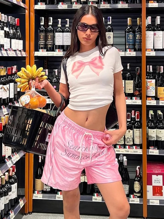 Pink Bow Print Short Sleeve T-shirt