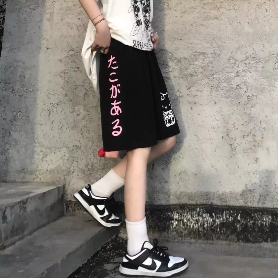 Cute Cat Kitty Cartoon Print Letter Loose Oversized Hip Hop Shorts Bottoms Punk Goth Aesthetic Casual Summer E-Girl Kawaii Korean Japanese Harajuku