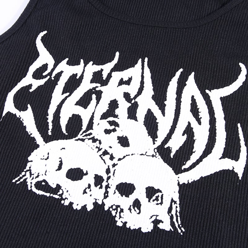 Black Skull Print Knit Ruffle Tank Top Cropped Sleeveless Shirt Causal Goth Punk Causal Summer E-Girl Kawaii Korean Japanese Harajuku Streetwear