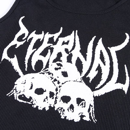 Black Skull Print Knit Ruffle Tank Top Cropped Sleeveless Shirt Causal Goth Punk Causal Summer E-Girl Kawaii Korean Japanese Harajuku Streetwear