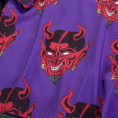 Summer Pink Purple Devil Print Button Down Casual Loose Short Sleeve Tee Shirt T-shirt Top E-Girl Kawaii Korean Japanese Harajuku Streetwear