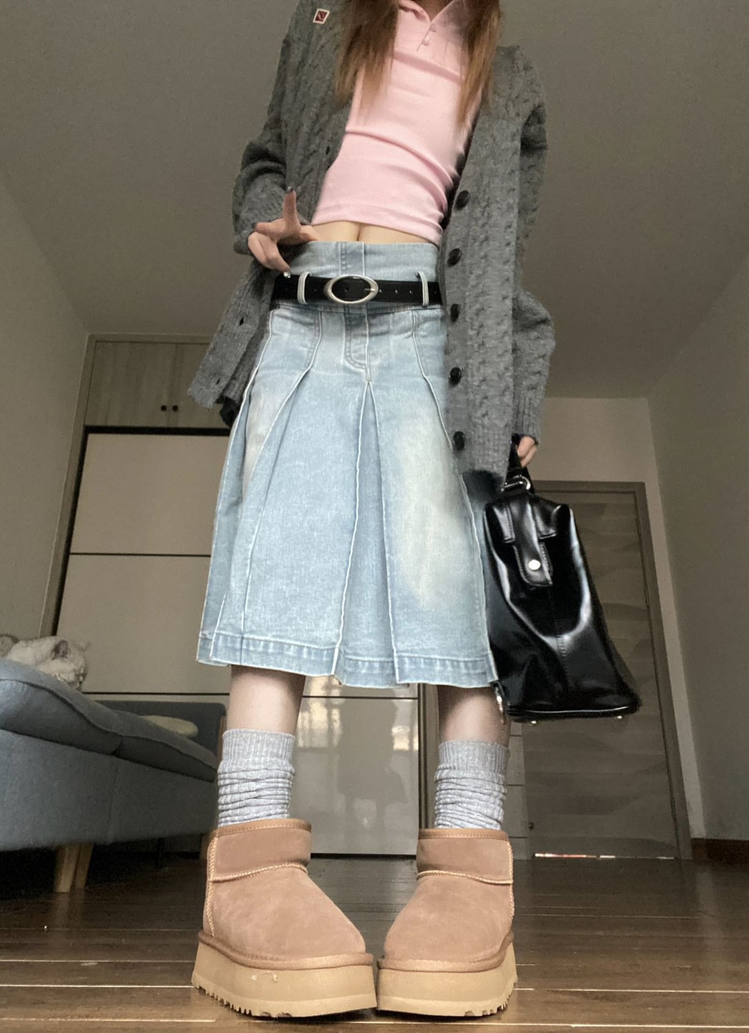 Denim Pleated High Waist Midi Skirt