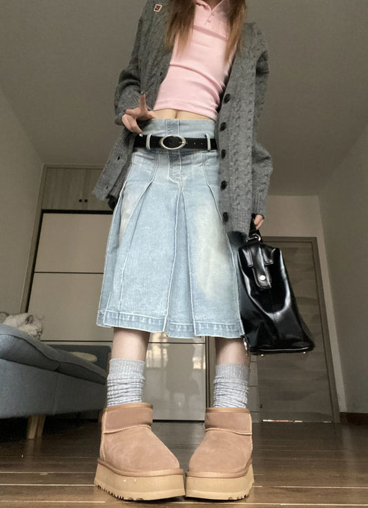 Denim Pleated High Waist Midi Skirt