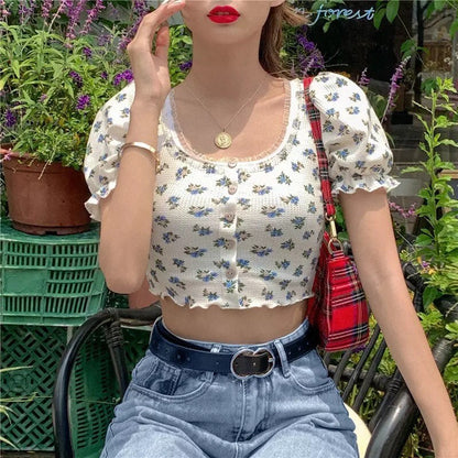 Sweet Floral Print Puff Bell Sleeve Short T-shirt Button Round Neck Crop Top Summer Aesthetic Casual E-Girl Kawaii Korean Japanese Harajuku
