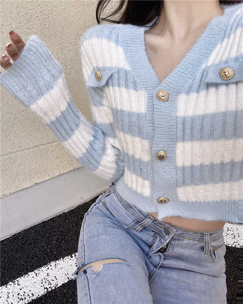 Blue & White Stripe Gold Button Sweater