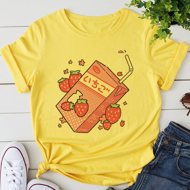 Cute Pink Strawberry Juice Box Graphic Cartoon Print Loose Short Sleeve Short T-shirt Top Casual E-Girl Kawaii Korean Japanese Harajuku Streetwear