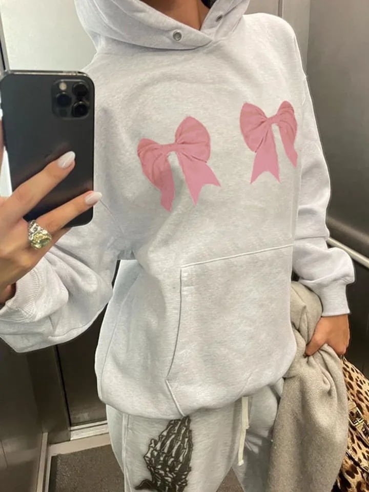 Bow Print Loose Hoodie
