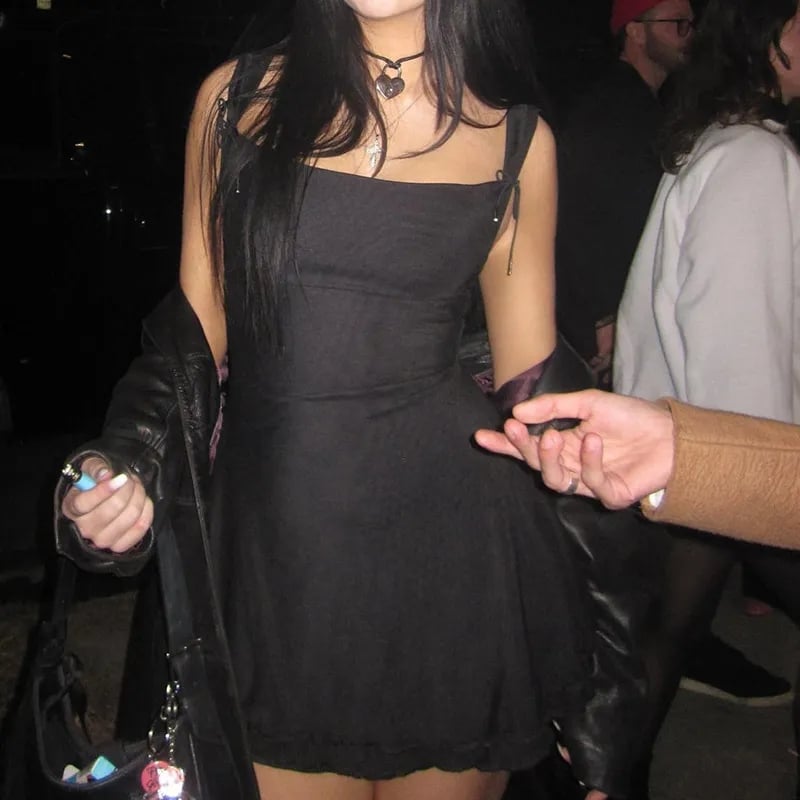 Black 2 Layer Square Neck Collar A-Line Dress