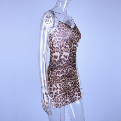 Leopard Print Spaghetti Strap Slit Mesh Mini Dress Summee Party Club E-Girl Kawaii Korean Japanese Harajuku Streetwear