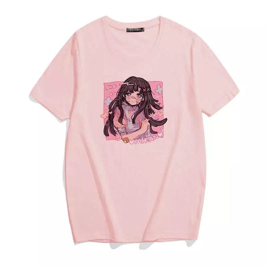Cute Sweet Vintage Black Anime Girl Cartoon Print Short Sleeve Shirt Oversize Loose T-shirt Top Goth E-Girl Kawaii Korean Japanese Harajuku Streetwear