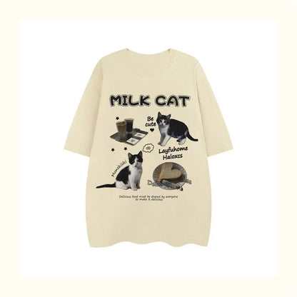 Cat Milk Cartoon Print Short Sleeve T-shirt