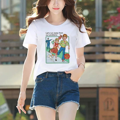 Cute Funny Cartoon Vintage Punk Print Short Sleeve Shirt T-shirt Tee Top Kawaii Korean Japanese Harajuku Chinese Retro Streetwear Aesthetic Fashion