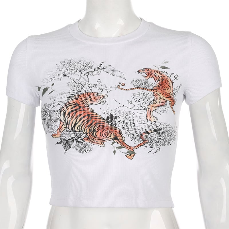 Cute Sexy Tiger Vintage Ribbed Print Graphic Crop Top Shirt Tee T-shirt E-Girl Kawaii Korean Japanese Harajuku Chinese Retro Streetwear Aesthetic